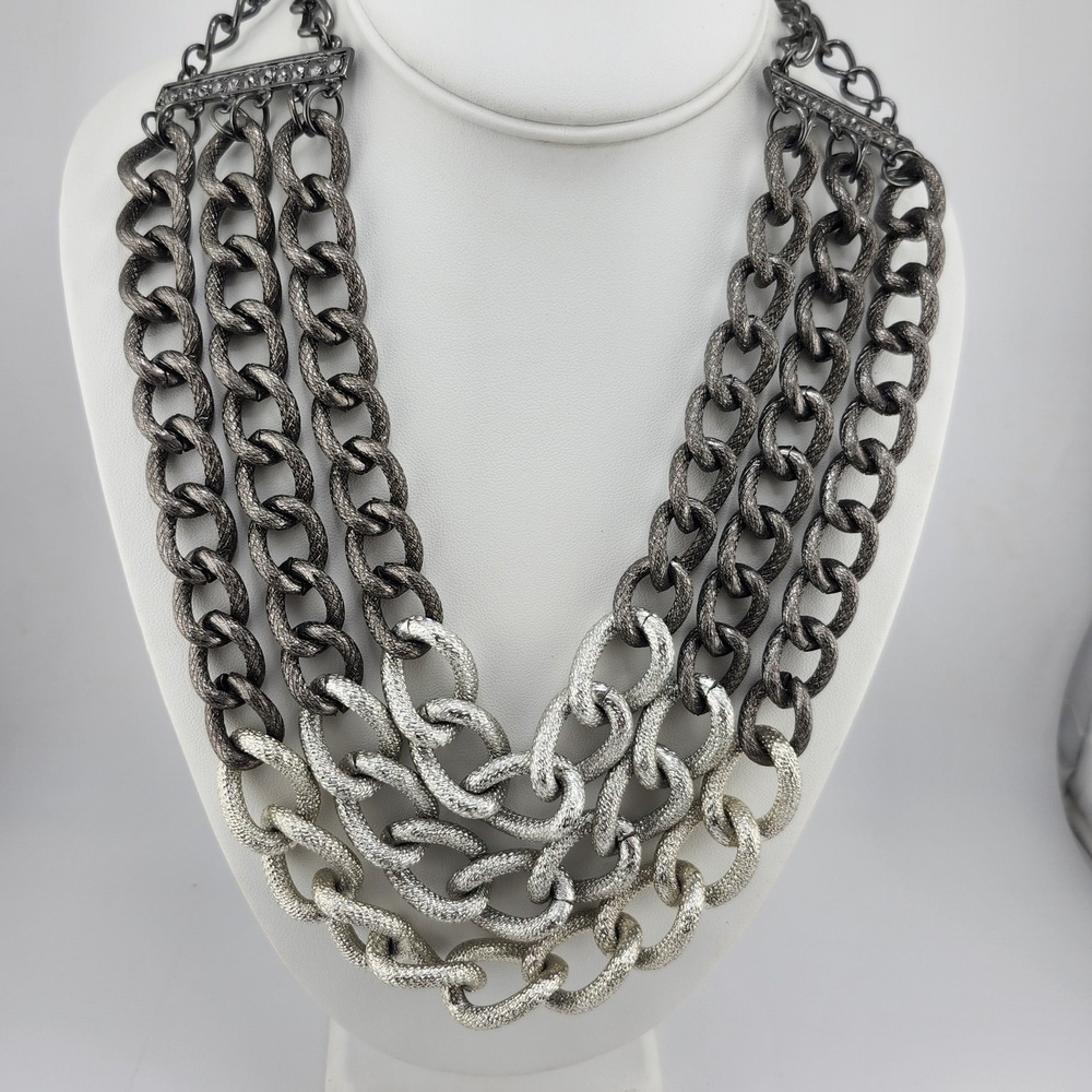 Lucia Thick Multistrand Layered‎ Chain Necklace Silver Tone Black